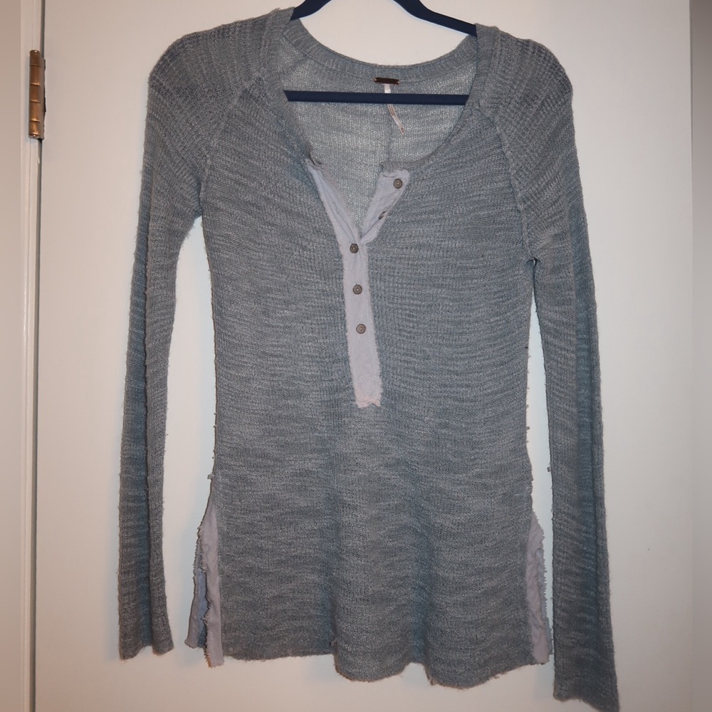 Free People Blue Button Down Long Sleeve Top